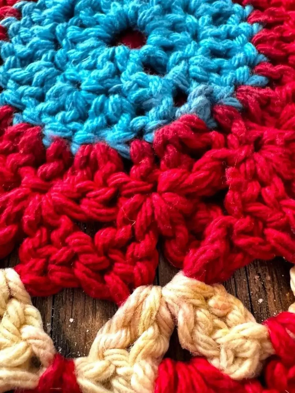 Boho Crochet Doily, Red Cream Turquoise, 10 Inch Table Decor, Retro 1970s Style